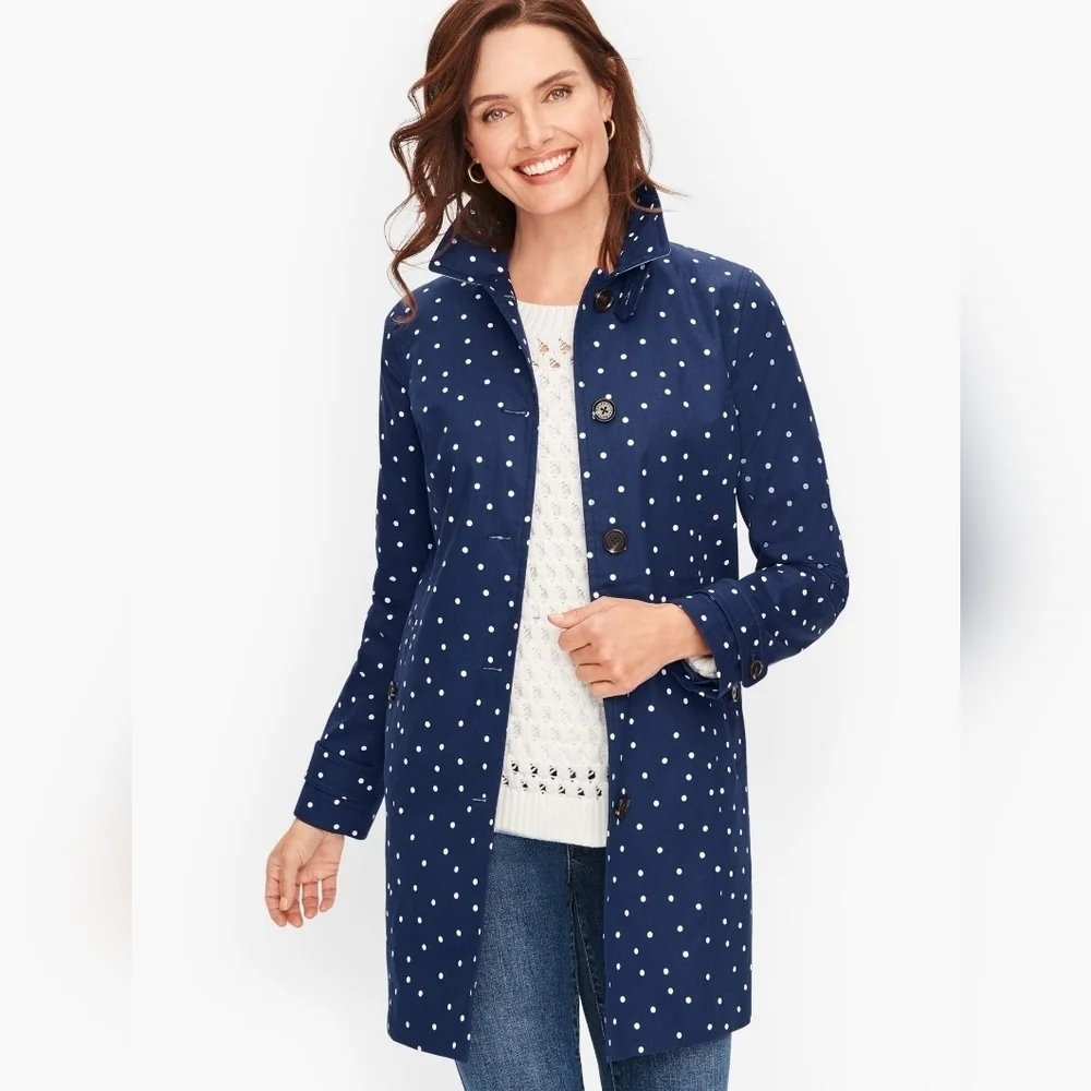 Talbots sz 12 trench jacket navy with silver polka dots - Picture 1 of 6